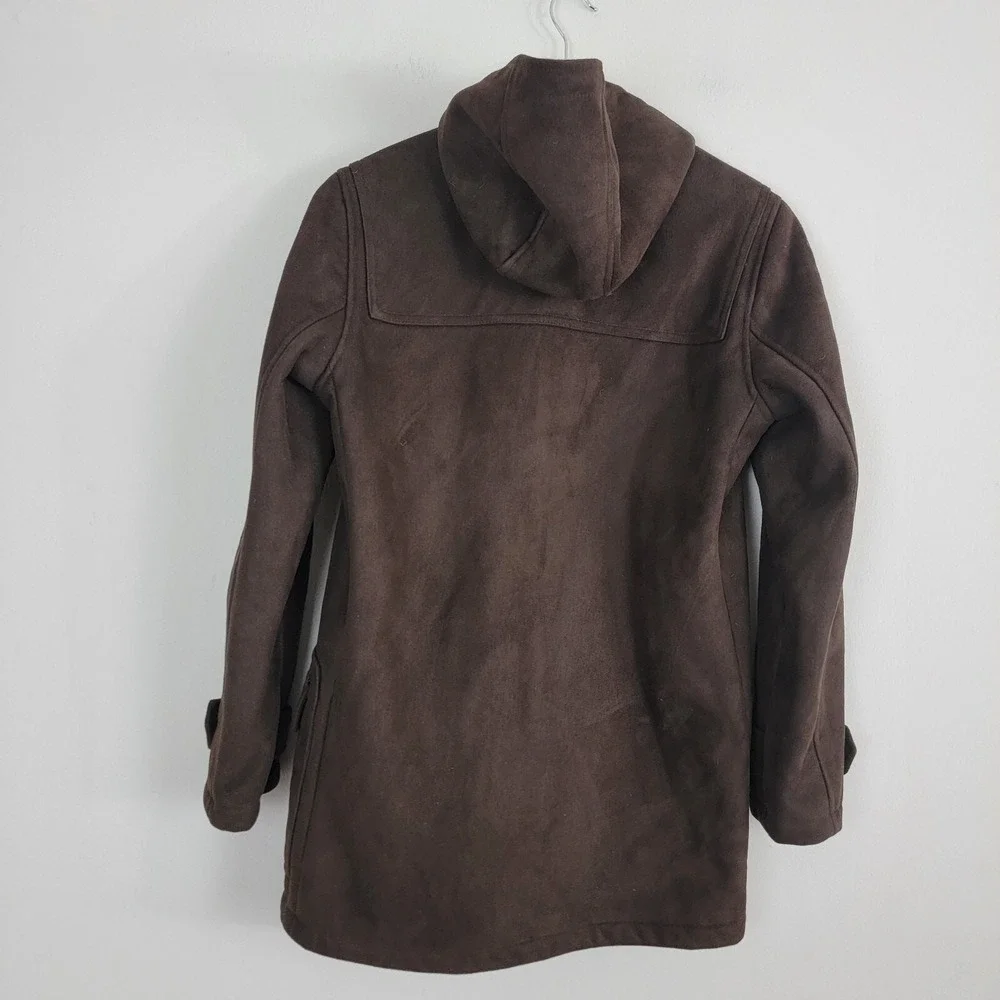 Chaps est 1978 Duffle Coat Womens Small Brown Faux Fur Suede Hooded Long‎ Sleeve